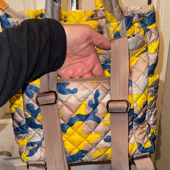MZ Wallace Quilted Backpack - Yellow, Blue, and Tan camouflage, rare - Picture 13 of 16